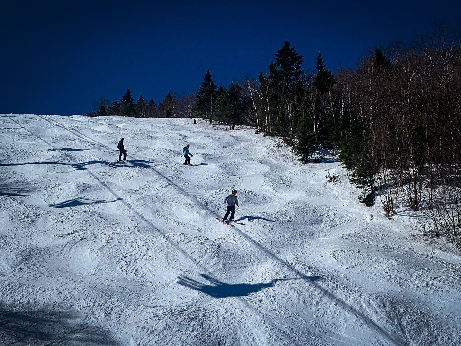 Three skiers going down a steep mogul trail