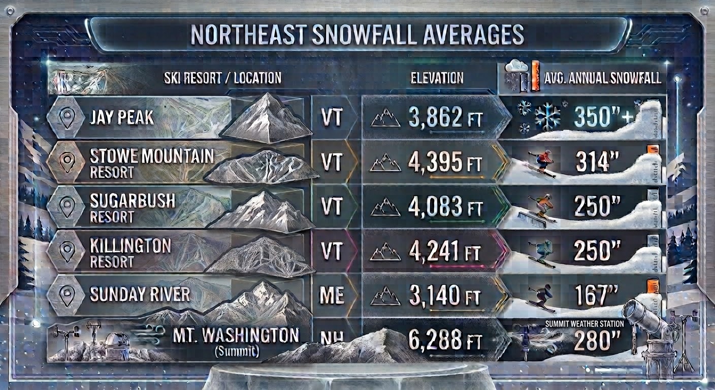 Northeast ski resort snowfall averages comparison chart