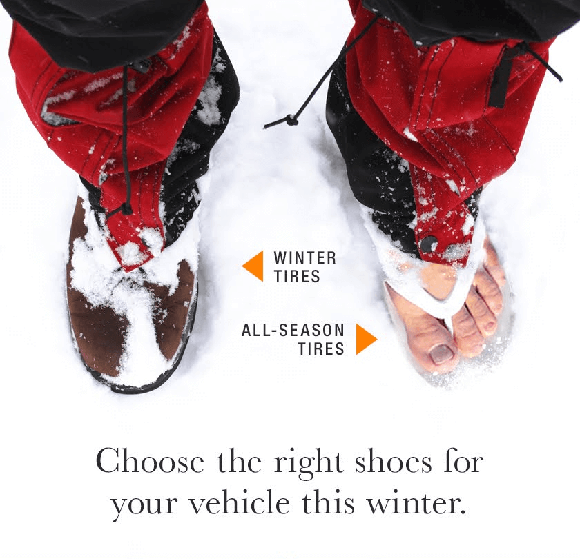 A foot in a winter boot and a foot in a sandal standing in snow comparing winter tires vs all-season tires